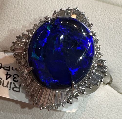 A Stunning 5.87ct Australian Black Opal & Diamond Platinum Ring