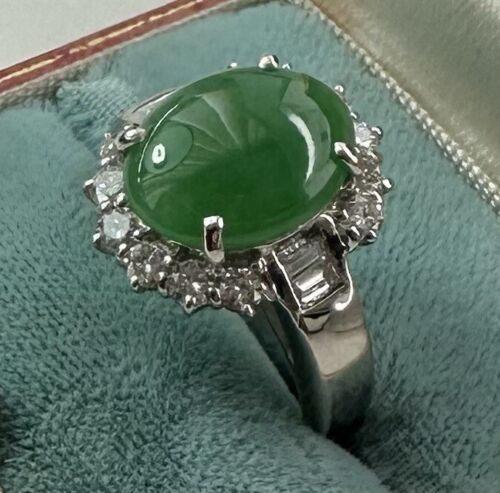 Superb 4.19ct Burma Fei Cui Jade & Diamond Platinum Ring Lotus Cert