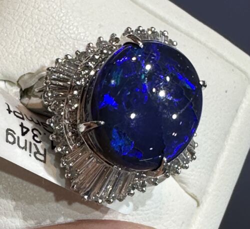 A Stunning 5.87ct Australian Black Opal & Diamond Platinum Ring