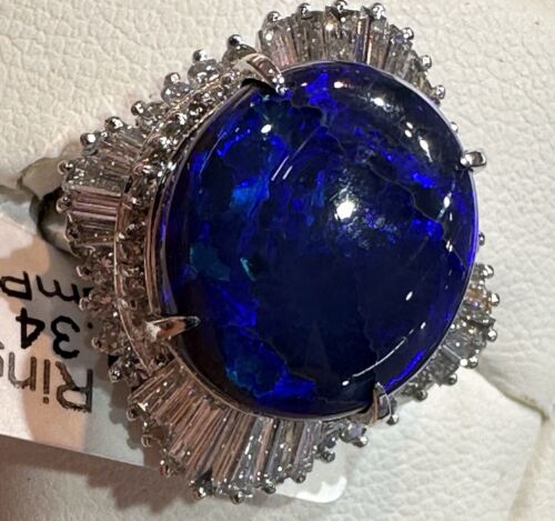 A Stunning 5.87ct Australian Black Opal & Diamond Platinum Ring
