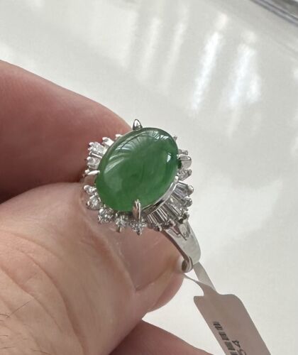 Stunning 3.93ct Burma Fei Cui Jade & Diamond Plat Ring & Lotus Cert