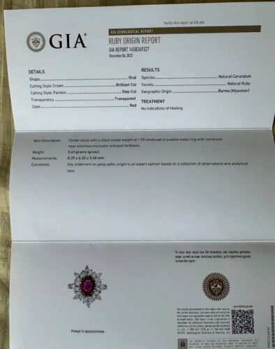A No Heat 1.70ct Burma Unheated Ruby & Diamond Ring GIA Cert