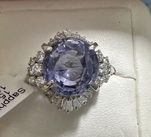 Stunning Unheated No Heat 15.30ct Violet Blue Sapphire & Diamond Ring