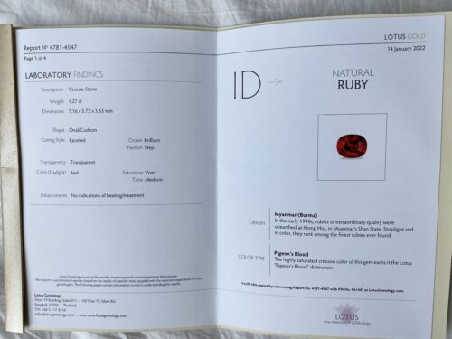 A Superb Unheated 1.27ct Burma Pigeon’s Blood Vivid Red Ruby Lotus C