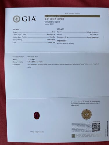 Unheated 1.13ct Burma Ruby GIA