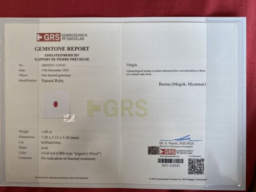 A Magnificent Unheated Burma 1.09ct Pigeon’s Blood Ruby Ring