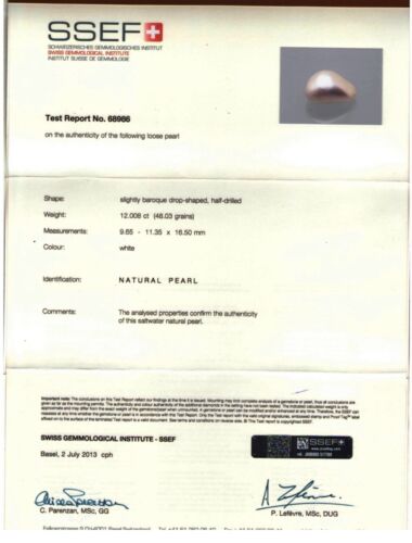 Magnificent Natural Pearl 12.008ct SSEF Certificate
