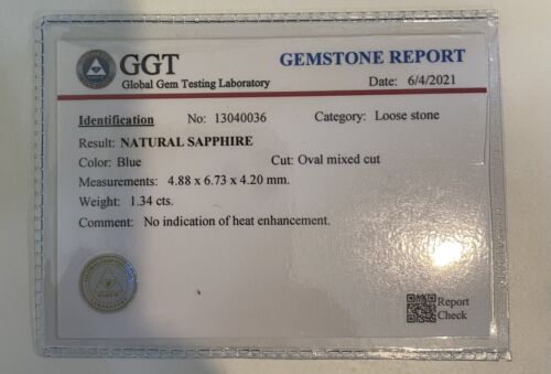 Superb Unheated 1.34ct Blue Sapphire & Certificate