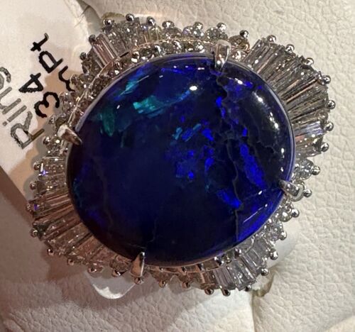 A Stunning 5.87ct Australian Black Opal & Diamond Platinum Ring