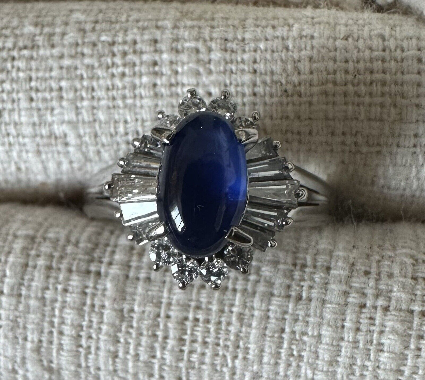 An Unheated Burma 1.46ct Blue Cabochon Sapphire & Diamond Ring