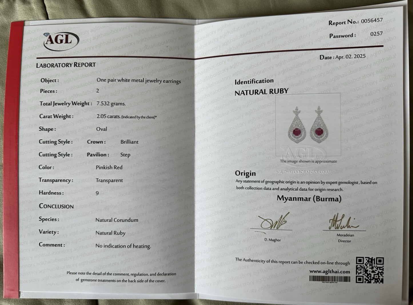 Superb Unheated No Heat 2.05ct Burma Burmese Ruby Platinum Earrings & Cert