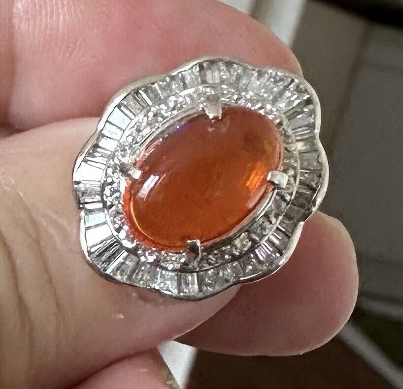 A Superb 3.17ct Mexican Fire Opal & Diamond Platinum Ring