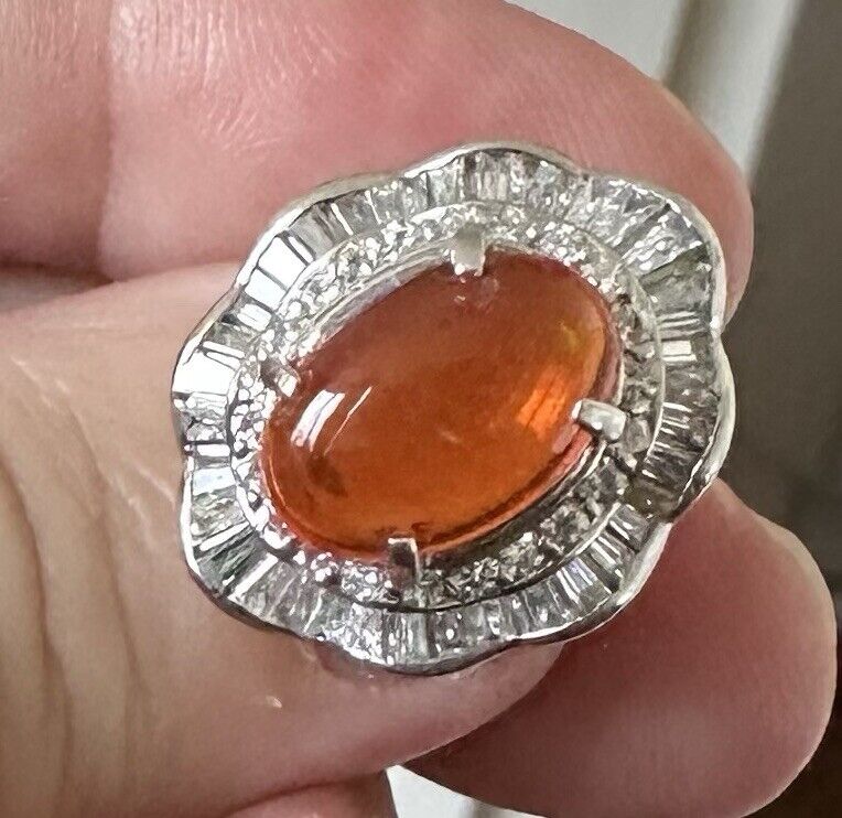 A Superb 3.17ct Mexican Fire Opal & Diamond Platinum Ring