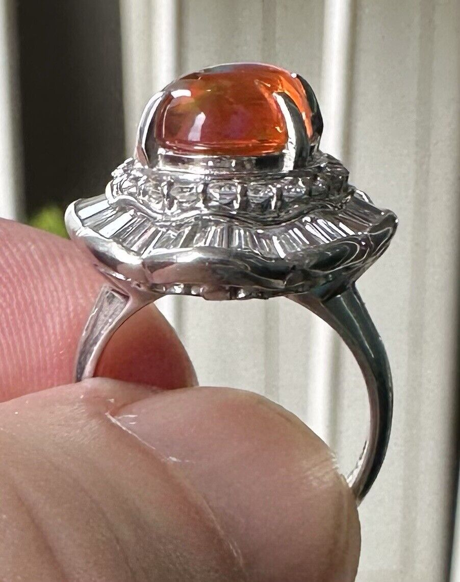 A Superb 3.17ct Mexican Fire Opal & Diamond Platinum Ring