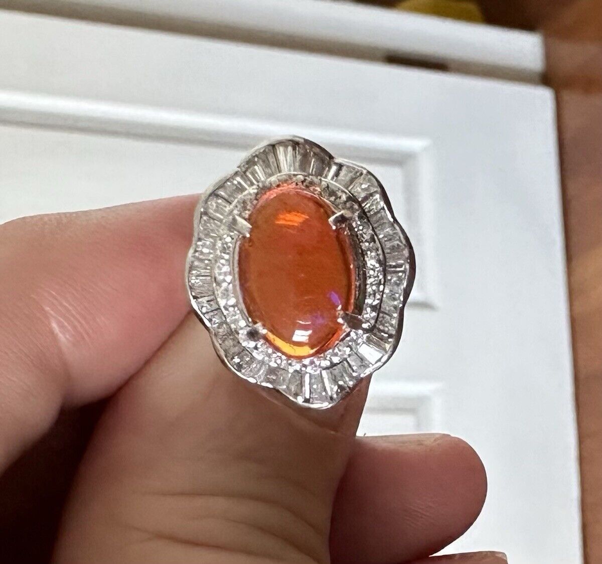 A Superb 3.17ct Mexican Fire Opal & Diamond Platinum Ring