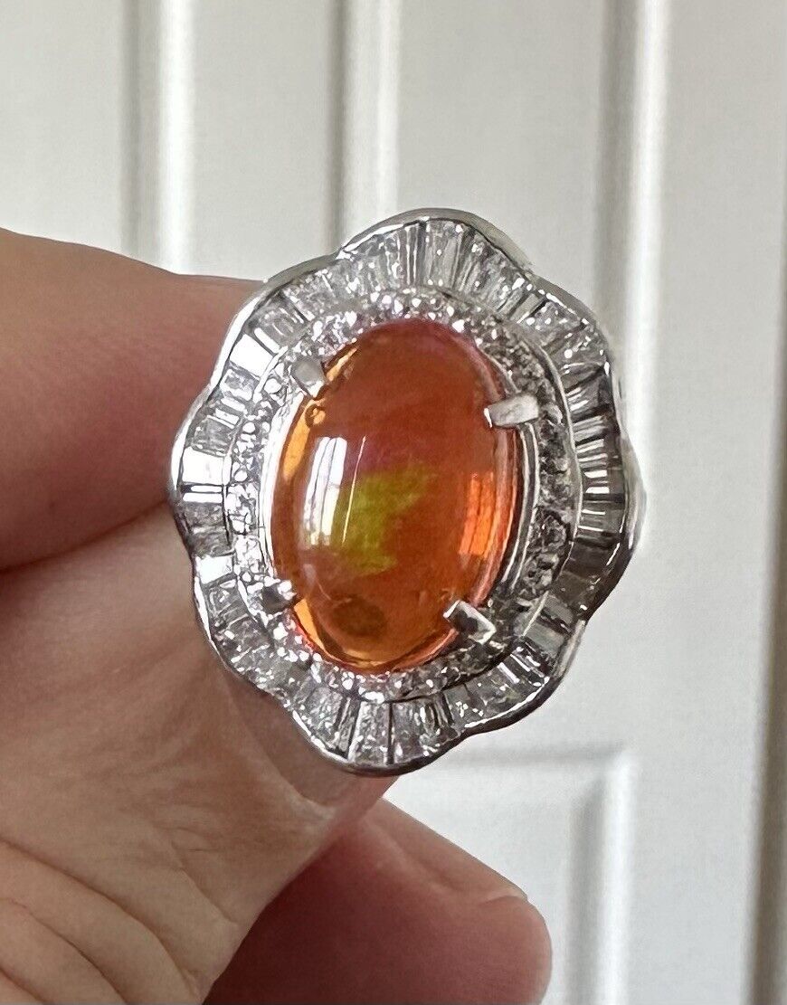 A Superb 3.17ct Mexican Fire Opal & Diamond Platinum Ring