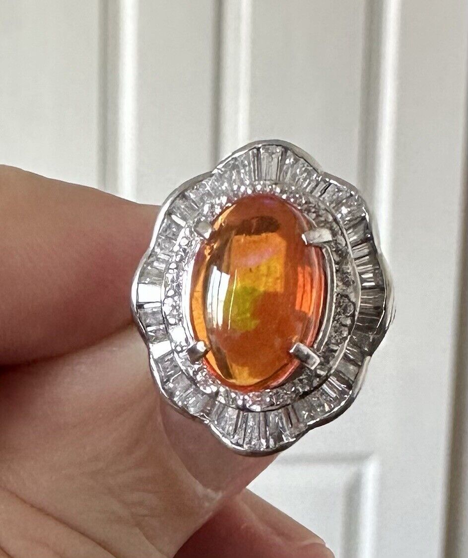 A Superb 3.17ct Mexican Fire Opal & Diamond Platinum Ring