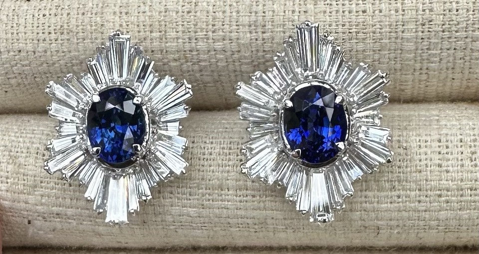 A Superb Pair Of 5.07ct Ceylon Blue Sapphire & Diamond 18k Earrings