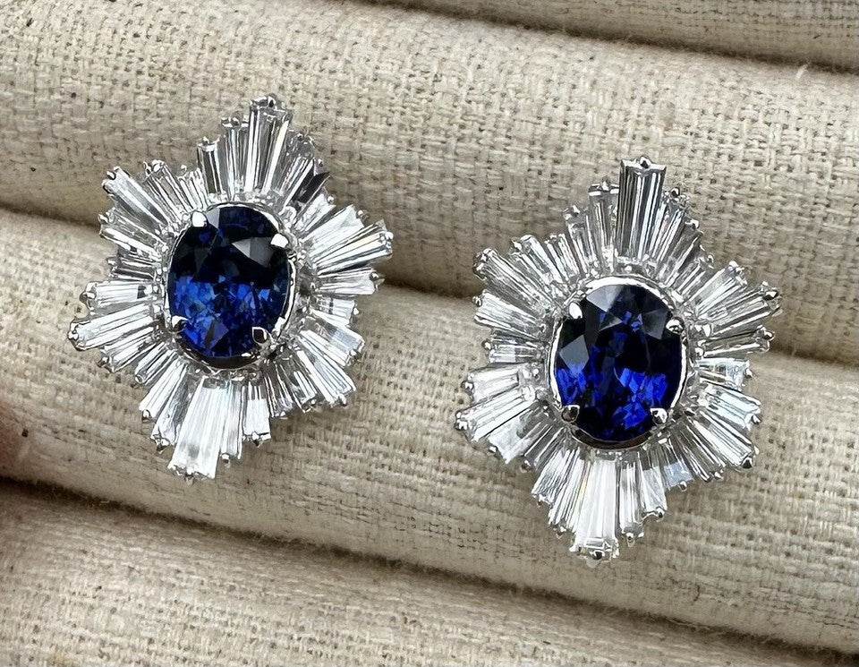 A Superb Pair Of 5.07ct Ceylon Blue Sapphire & Diamond 18k Earrings