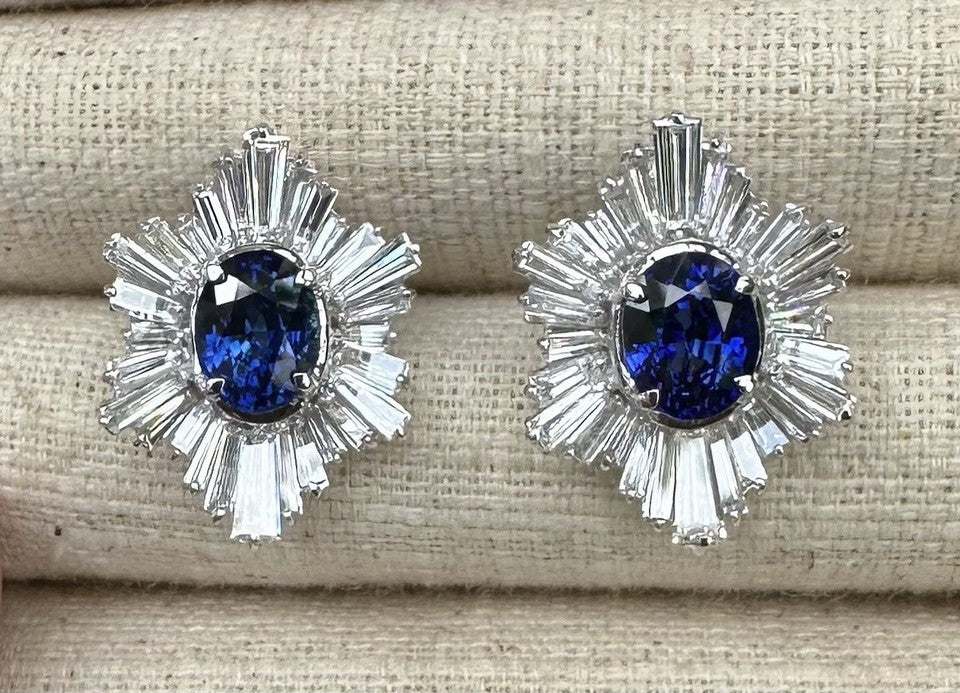 A Superb Pair Of 5.07ct Ceylon Blue Sapphire & Diamond 18k Earrings