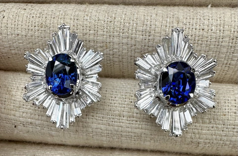 A Superb Pair Of 5.07ct Ceylon Blue Sapphire & Diamond 18k Earrings