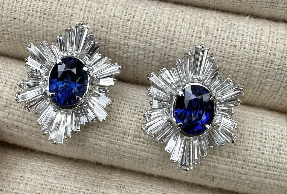 A Superb Pair Of 5.07ct Ceylon Blue Sapphire & Diamond 18k Earrings