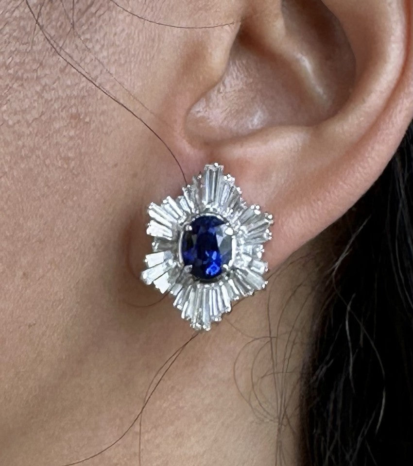 A Superb Pair Of 5.07ct Ceylon Blue Sapphire & Diamond 18k Earrings