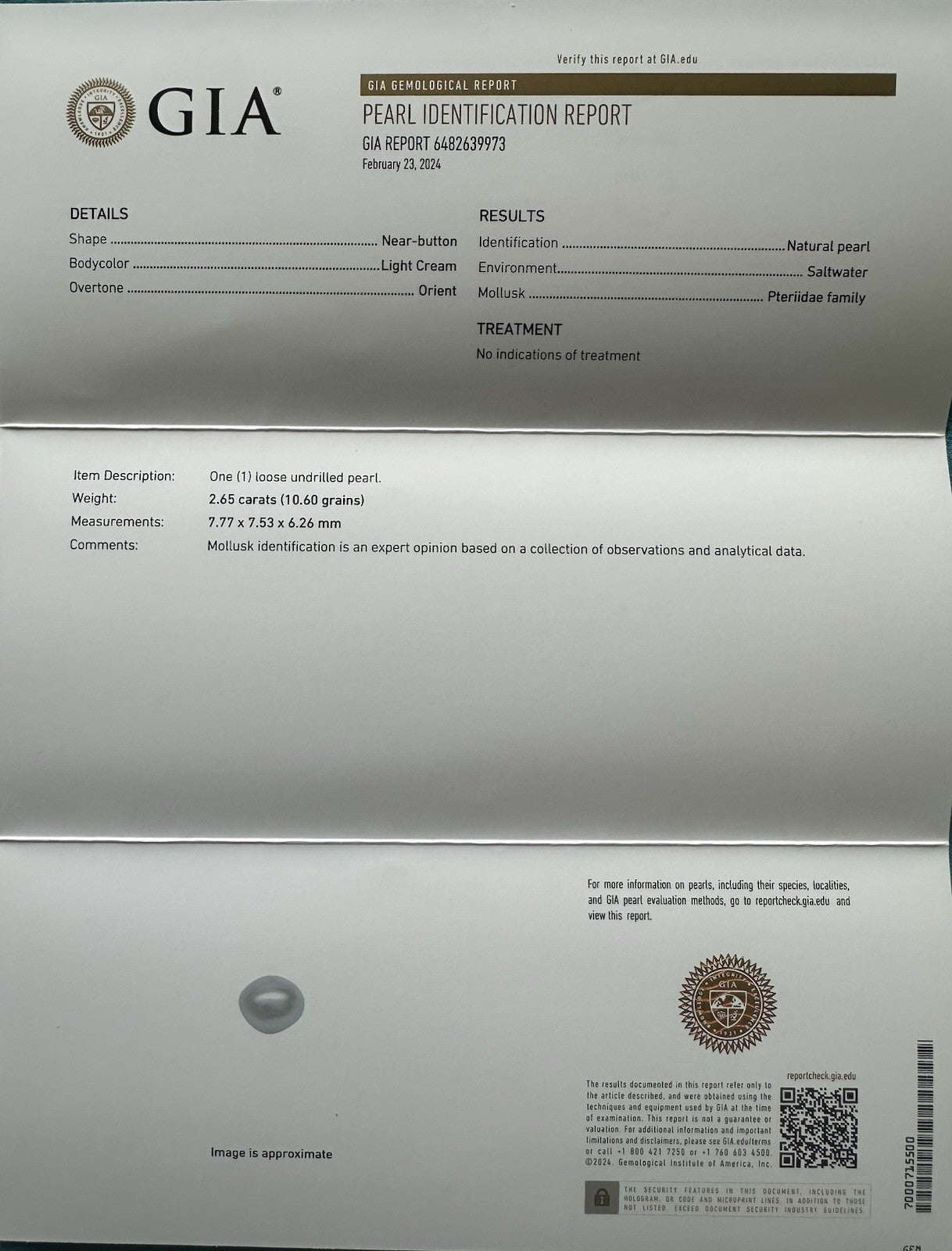 An Exquisite 2.65ct Natural Saltwater Pearl GIA Certificate