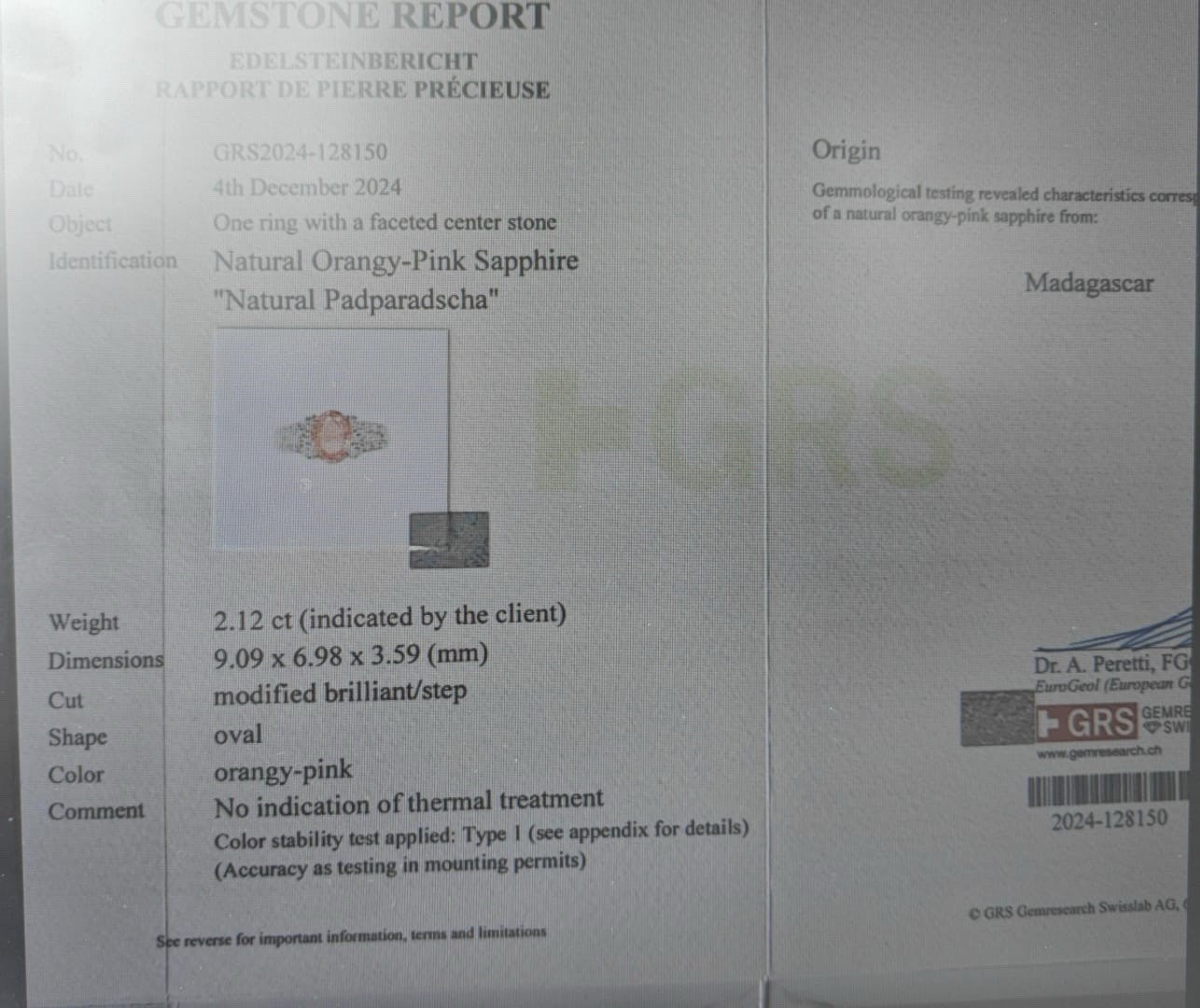 An Extraordinary Unheated 2.12ct Padparadscha Sapphire & Diamond Ring GRS
