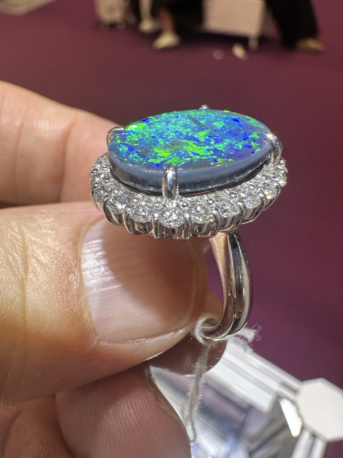 A Magnificent 6.25ct Australian Black Opal & Diamond Platinum Ring