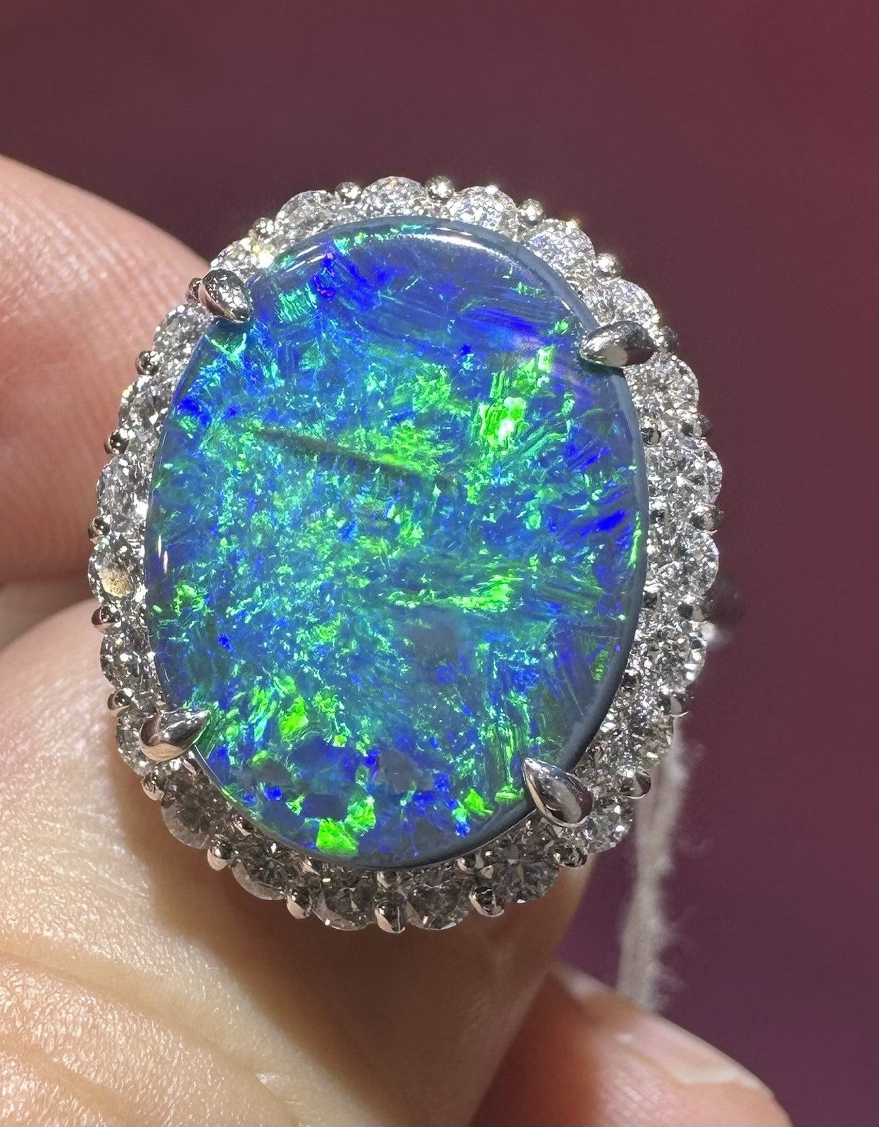 A Magnificent 6.25ct Australian Black Opal & Diamond Platinum Ring