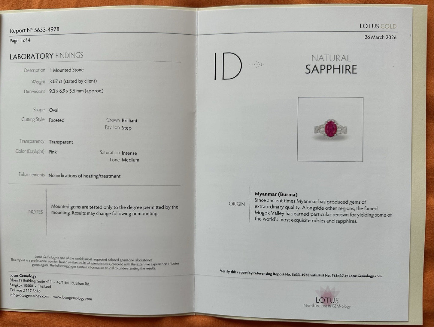 Unheated 3.07ct Burma Pink Sapphire No Heat & Diamond Ring Lotus Certificate