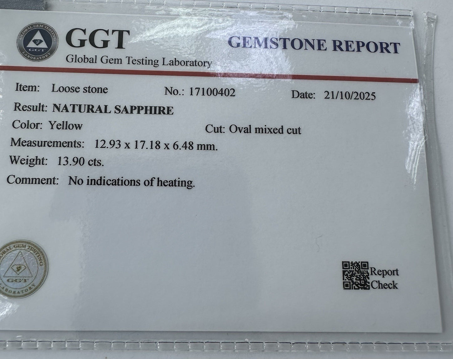 A Magnificent 13.90ct Unheated Sri Lanka Yellow Sapphire