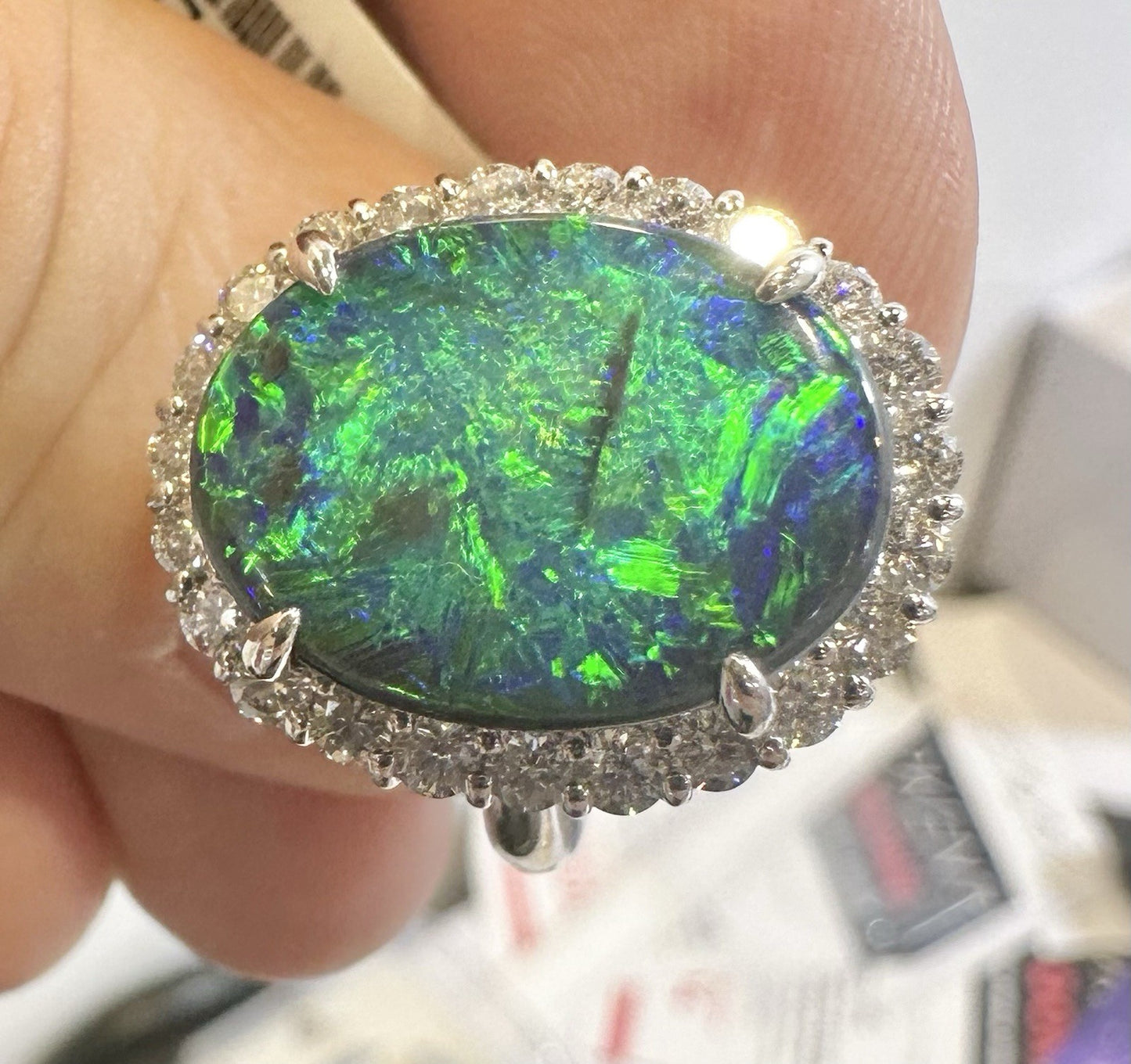 A Magnificent 6.25ct Australian Black Opal & Diamond Platinum Ring