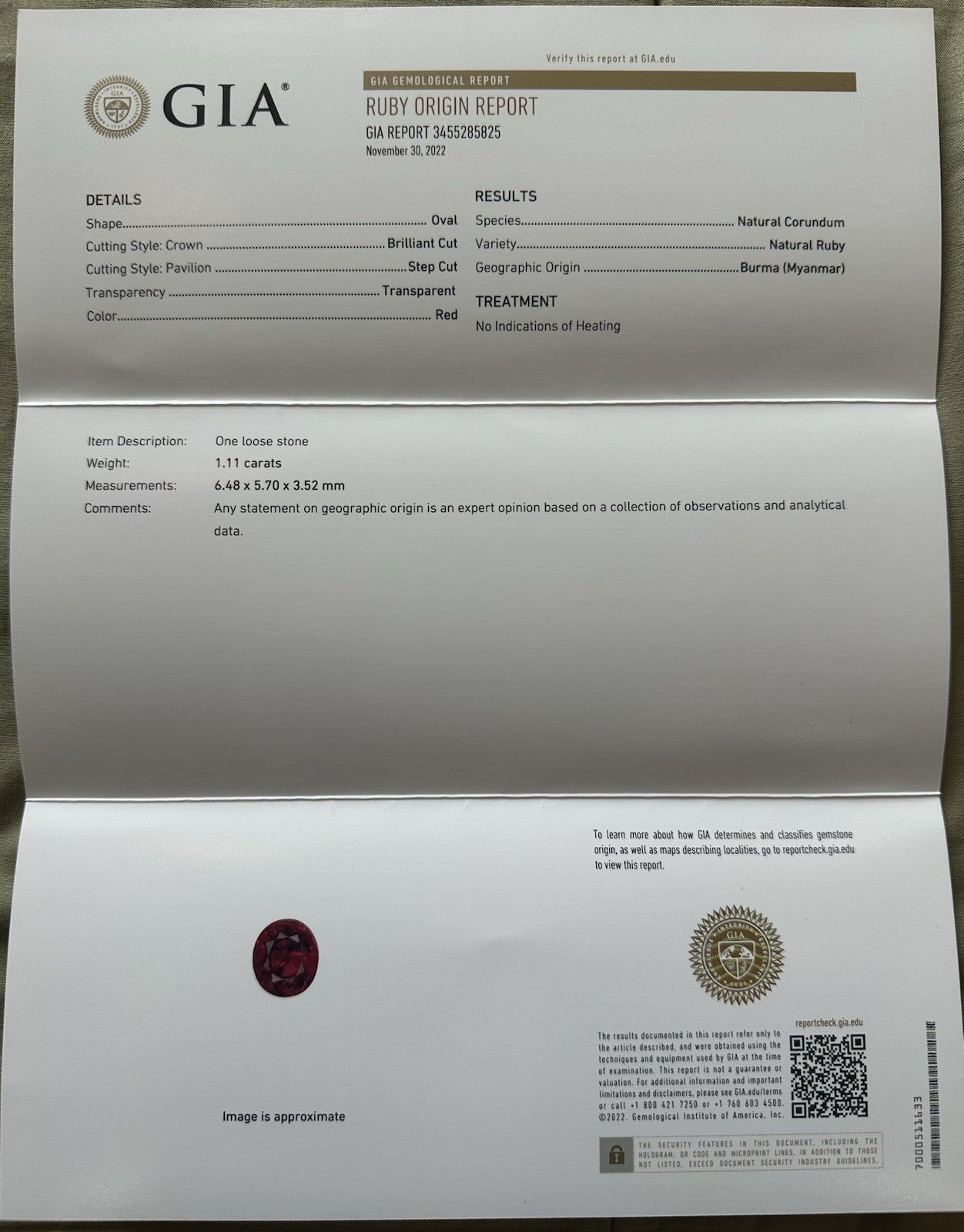 Unheated 1.11ct Burma Ruby No Heat GIA Certificate - Superb!