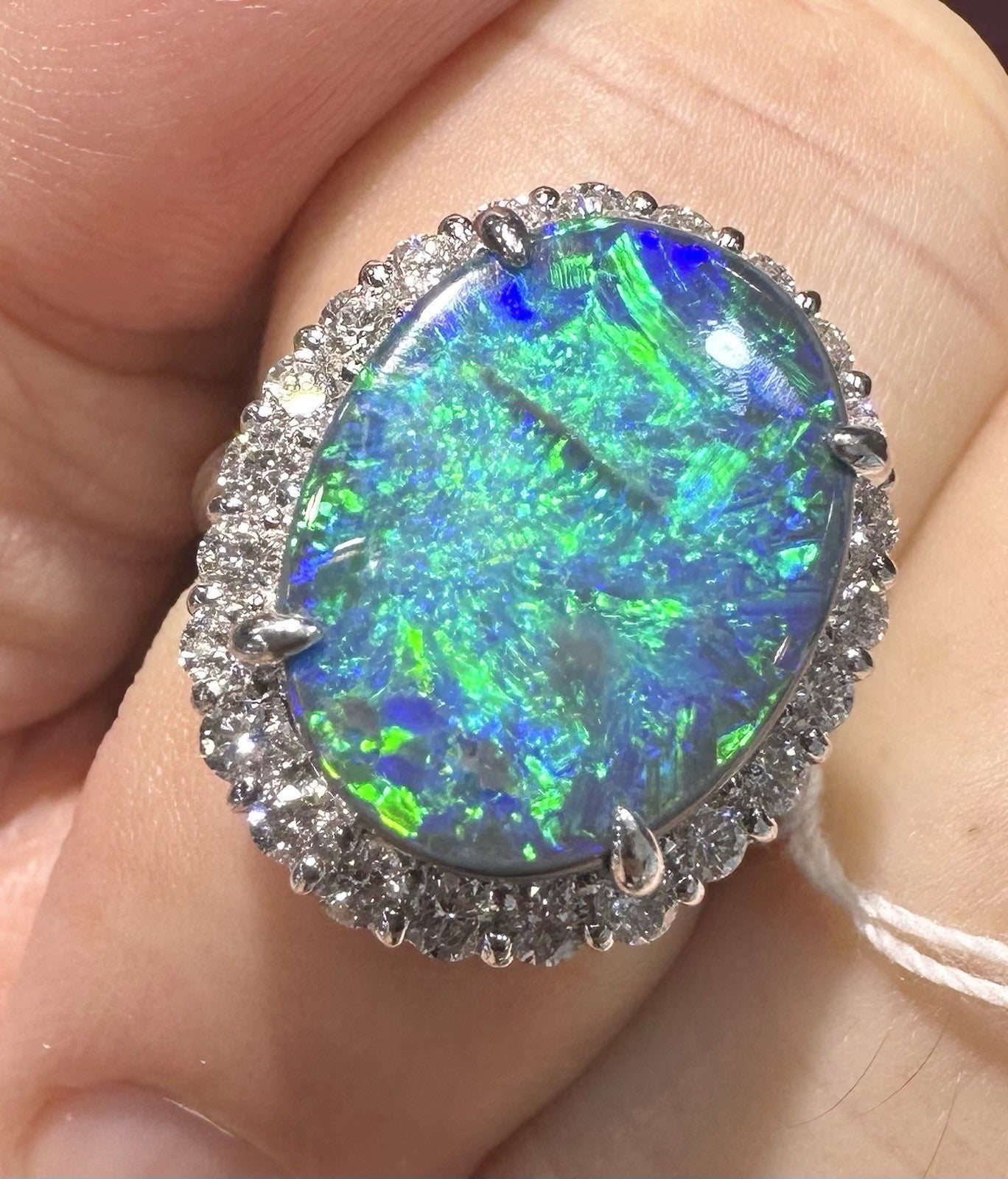 A Magnificent 6.25ct Australian Black Opal & Diamond Platinum Ring