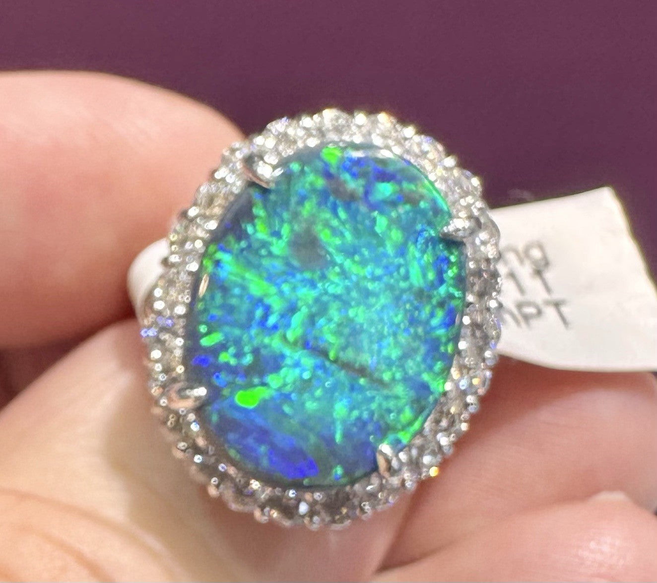 A Magnificent 6.25ct Australian Black Opal & Diamond Platinum Ring