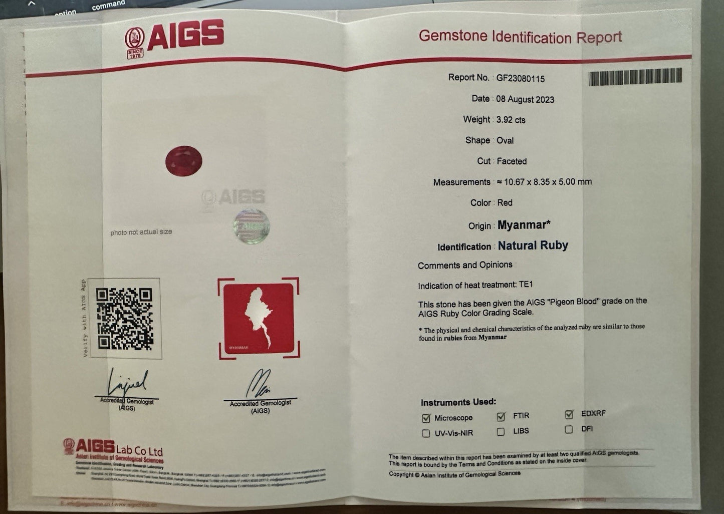 A Sensational 3.92ct Pigeon’s Blood Burma Ruby & AIGS Certificate