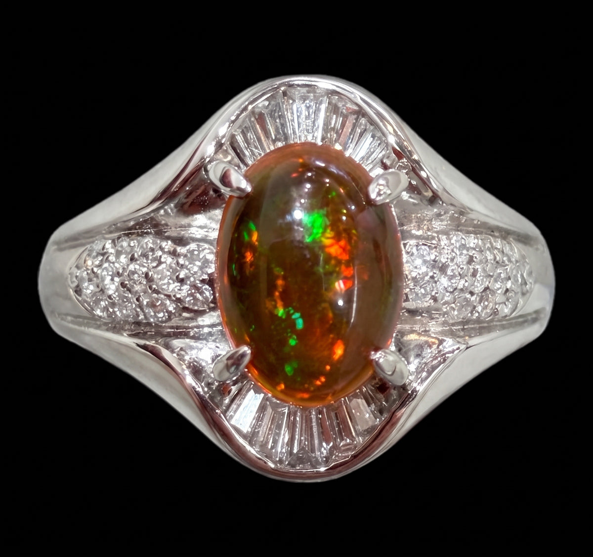 A Superb 1.25ct Mexican Fire Opal & Diamond Platinum Ring