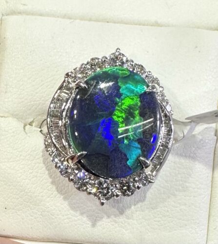 A Magnificent 6.43ct Australian Black Opal & Diamond Platinum Ring