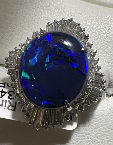 A Stunning 5.87ct Australian Black Opal & Diamond Platinum Ring