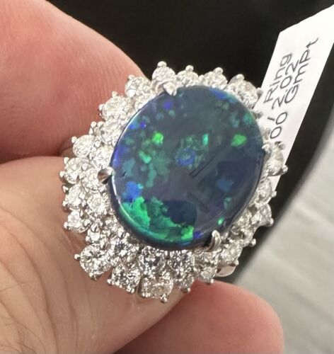 A Magnificent 6.50ct Australian Black Opal & Diamond Platinum Ring