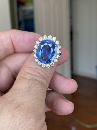 Sensational Unheated No Heat 14.14ct Burma Blue Sapphire & Diamond Rin