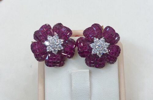 Magnificent Invisibly Set 20.50ct Burma Ruby & Diamond 18k Gold Earrin