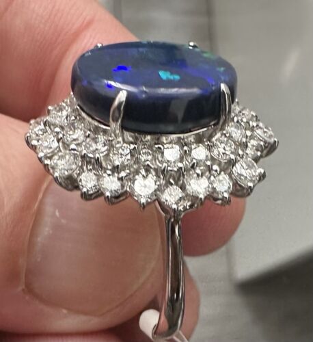 A Magnificent 6.50ct Australian Black Opal & Diamond Platinum Ring