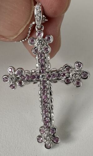 An Exquisite Pink Sapphire & Diamond Cross Platinum Pendant & Chain