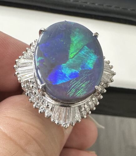 A Magnificent 11.71ct Australian Black Opal & Diamond Platinum Ring