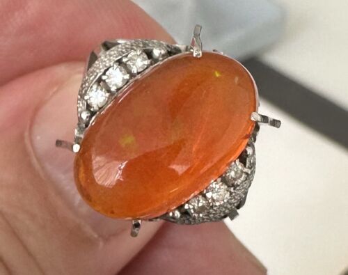 Delightful 6.95ct Mexican Fire Opal & Diamond Platinum Ring