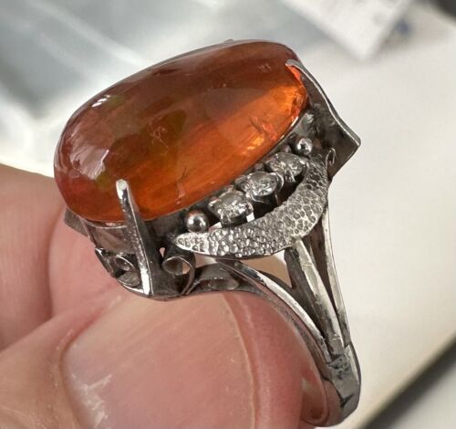 Delightful 6.95ct Mexican Fire Opal & Diamond Platinum Ring