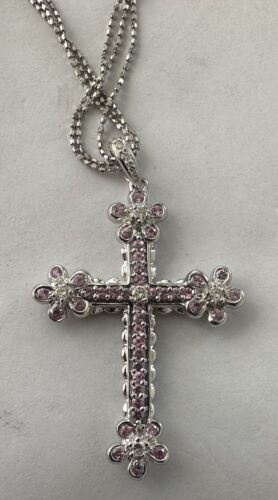 An Exquisite Pink Sapphire & Diamond Cross Platinum Pendant & Chain